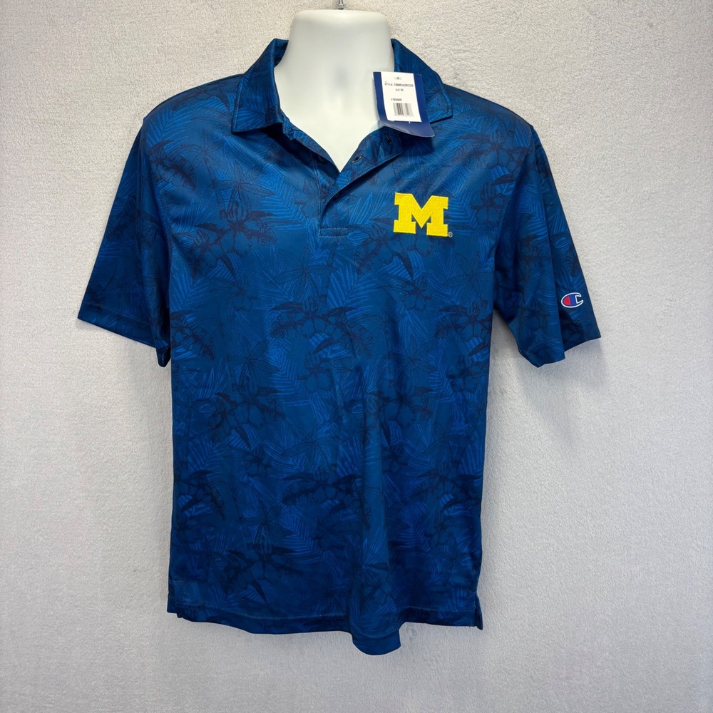 NWT Michigan Wolverines Tropical Polo Mens Small Preppy Blue Palm Trees Champion